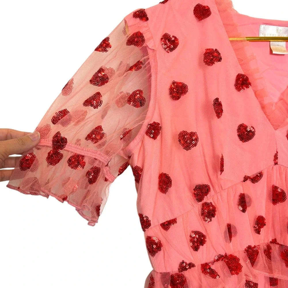 Rachel Parcell Sequin‎ Heart Tulle Midi Dress RARE V-Neck Flutter Sleeve NWT M